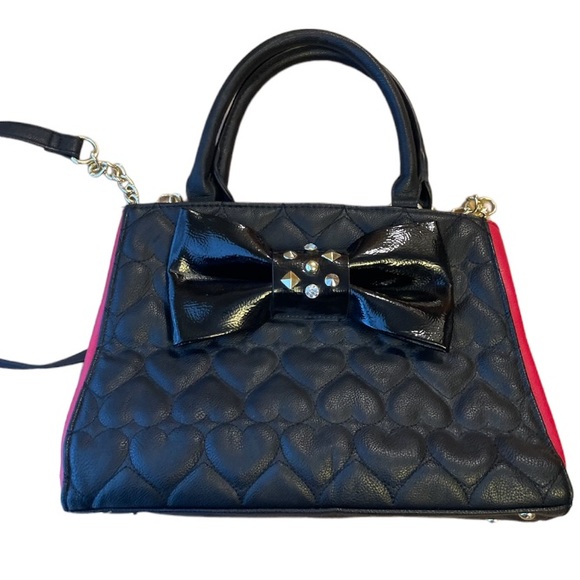 Betsey Johnson Handbags - Betsey Johnson heart quilted studded oversized bow crossbody or should purse